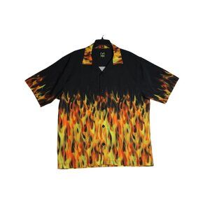 Benny's Shirt Flame Mens Size Large Fire Black Orange Short Sleeve Button Up